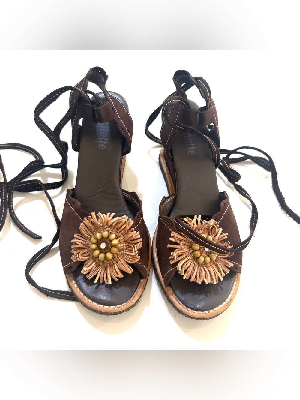 Brown Women's Floral Leather/Suede Lace-Up Wedge Sandals